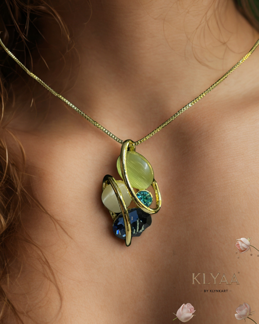 Elysian Swirl crystal pendant set with abstract multi-stone design in dual-tone chain – Signature limited edition jewellery by KLYAA