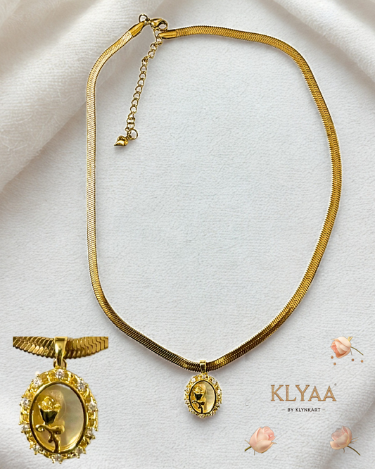 Luxury gold chain with rose medallion and pearl crystal border by KLYAA – elegant anti-tarnish jewellery
