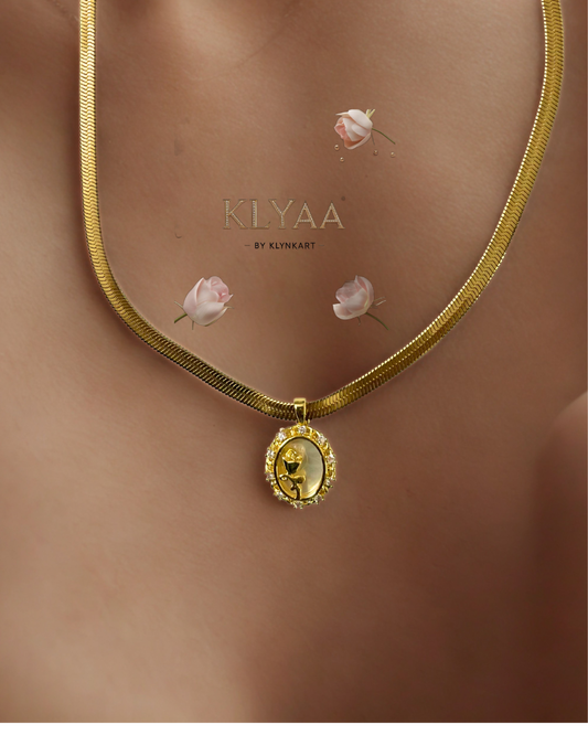 Luxury gold chain with rose medallion and pearl crystal border by KLYAA – elegant anti-tarnish jewellery