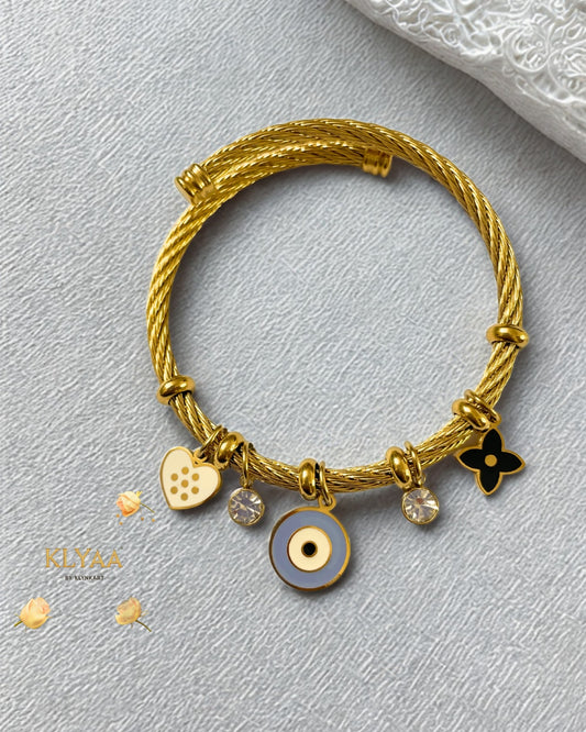 Evil Eye Adjustable Gold Charm Bracelet with Crystal & Heart Charms – KLYAA Designer Jewellery