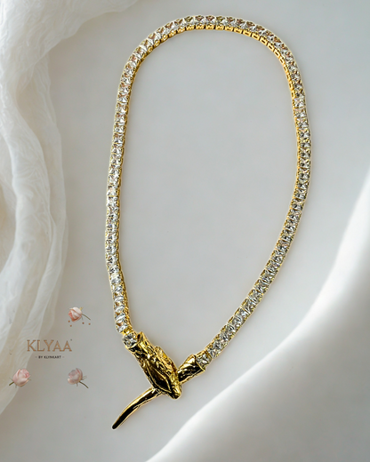 Gold-toned anti-tarnish minimalist snake chain by KLYAA displayed on a mannequin in various angles