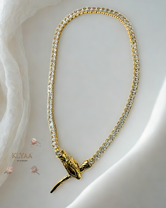 Gold-toned anti-tarnish minimalist snake chain by KLYAA displayed on a mannequin in various angles
