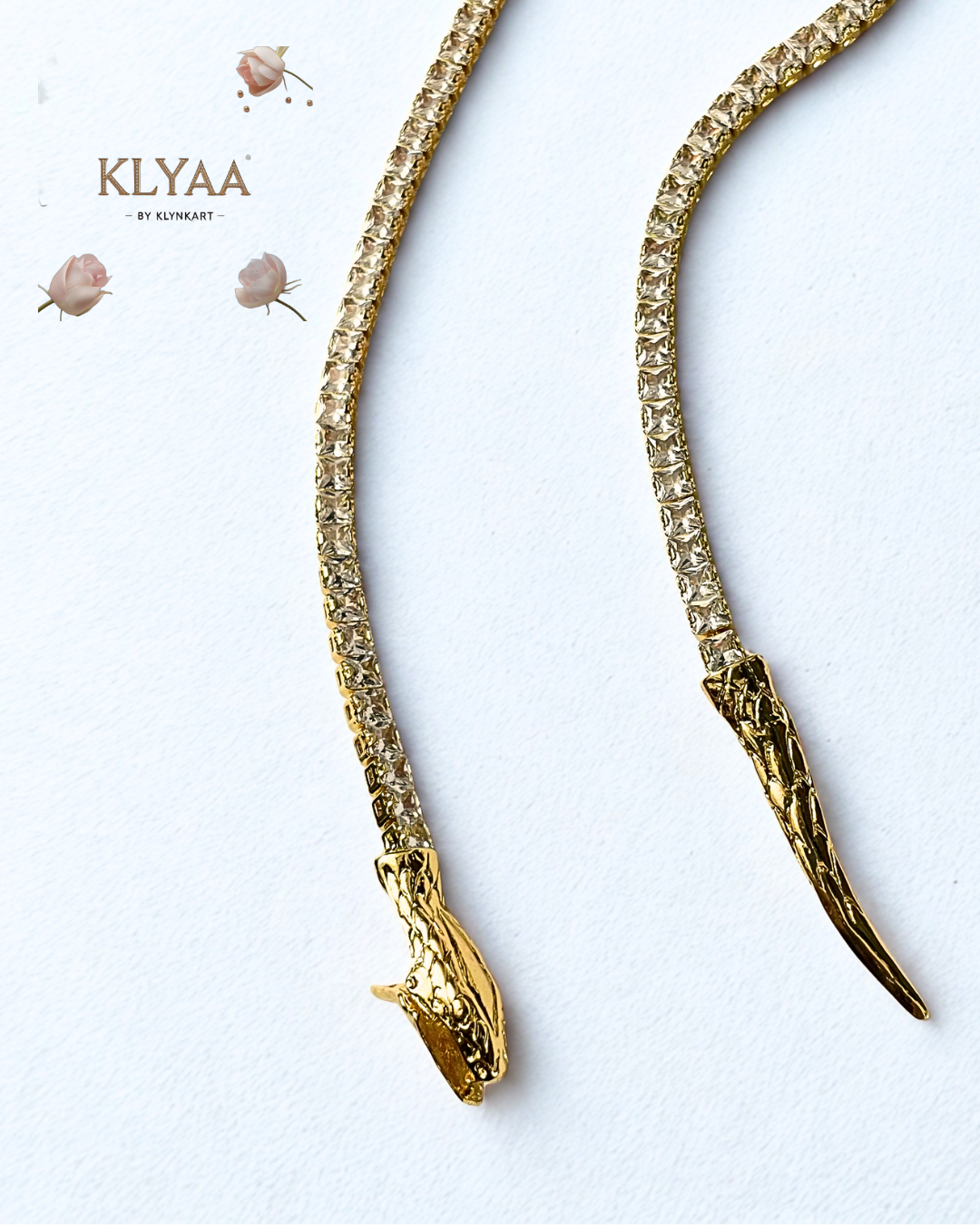 Gold-toned anti-tarnish minimalist snake chain by KLYAA displayed on a mannequin in various angles