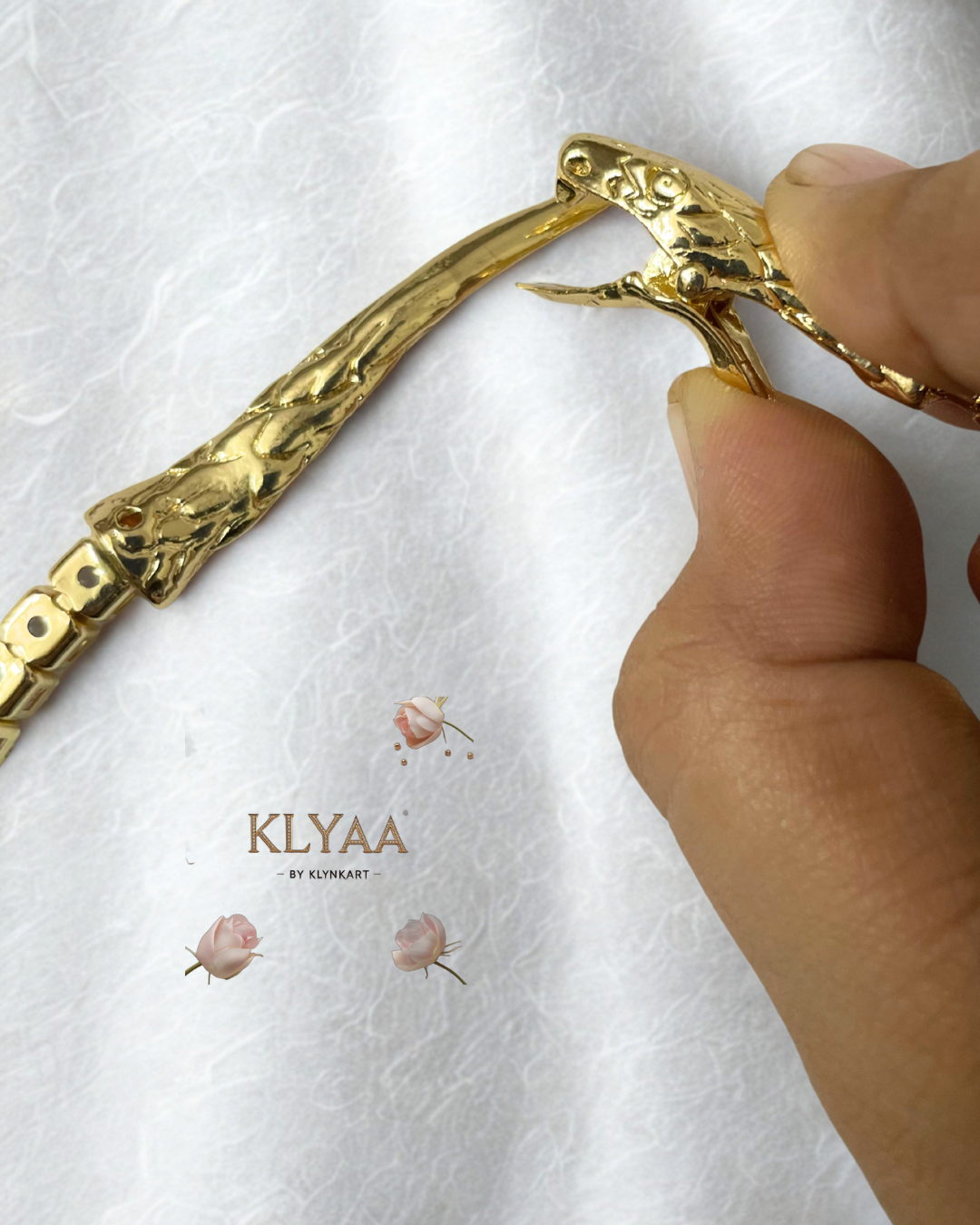 Gold-toned anti-tarnish minimalist snake chain by KLYAA displayed on a mannequin in various angles