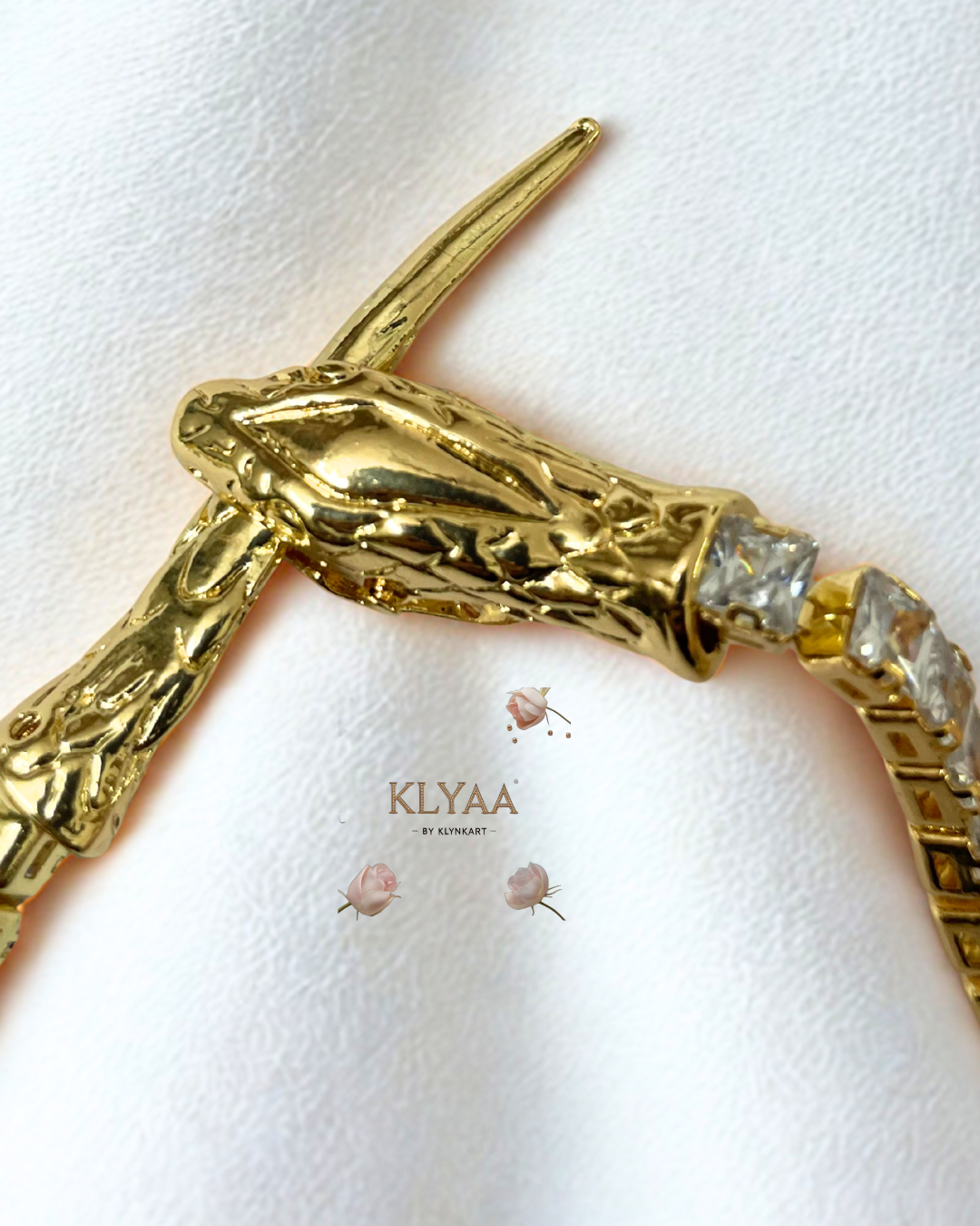 Gold-toned anti-tarnish minimalist snake chain by KLYAA displayed on a mannequin in various angles