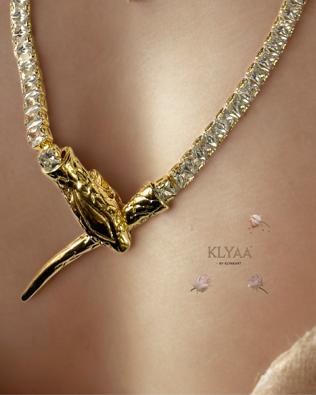 Gold-toned anti-tarnish minimalist snake chain by KLYAA displayed on a mannequin in various angles