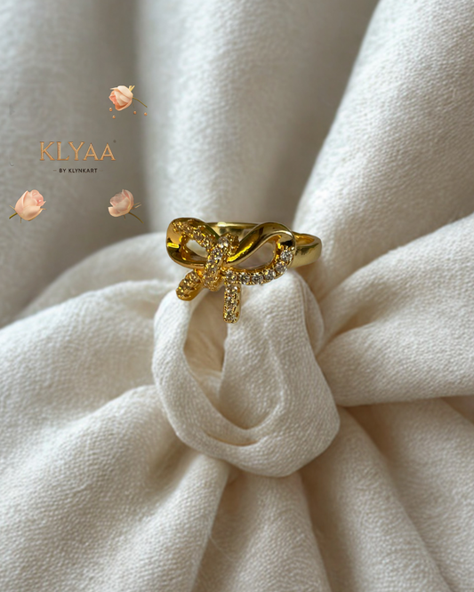 Gold bow anti-tarnish adjustable ring with CZ stones by KLYAA