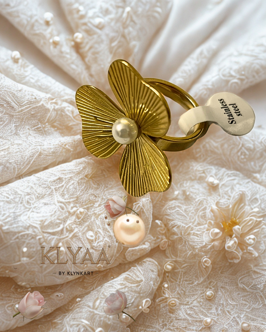 KLYAA Golden Bloom Pearl Ring in Anti-Tarnish Floral Gold Finish with Central Faux Pearl Accent