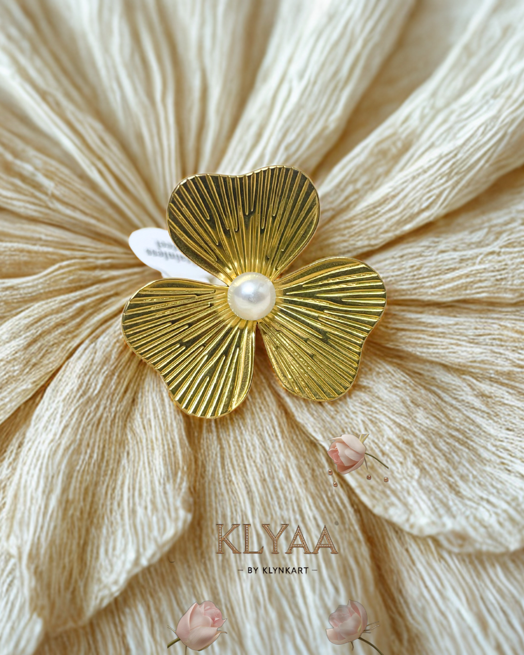 KLYAA Golden Bloom Pearl Ring in Anti-Tarnish Floral Gold Finish with Central Faux Pearl Accent