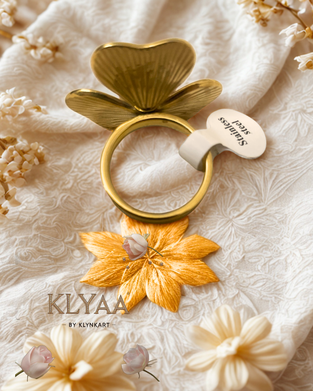 KLYAA Golden Bloom Pearl Ring in Anti-Tarnish Floral Gold Finish with Central Faux Pearl Accent