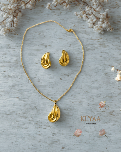 KLYAA Golden Bloom Pendant Set with Chain and Matching Earrings in Anti-Tarnish Gold Finish