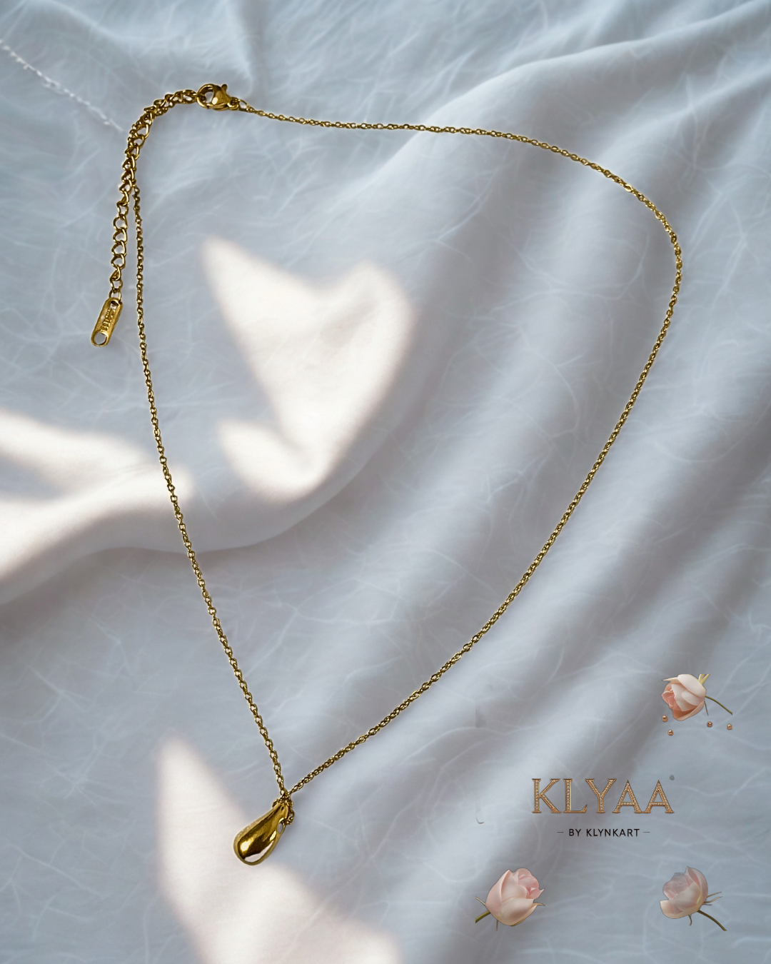 Gold drop pendant chain with anti-tarnish finish by KLYAA