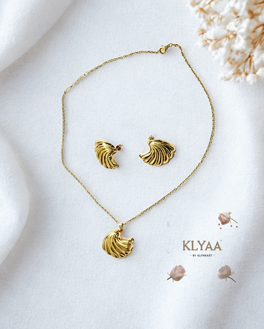 KLYAA Golden Bloom Pendant Set with Fan Shell Inspired Pendant and Earrings in Anti-Tarnish Gold Finish