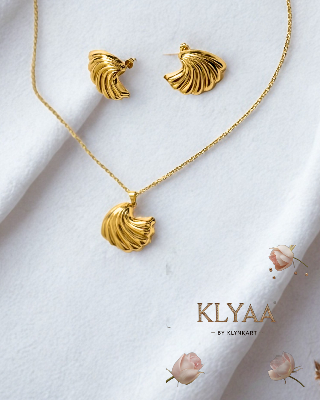 KLYAA Golden Bloom Pendant Set with Fan Shell Inspired Pendant and Earrings in Anti-Tarnish Gold Finish