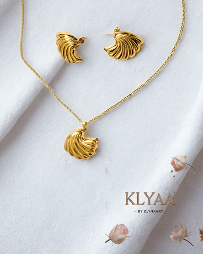 KLYAA Golden Bloom Pendant Set with Fan Shell Inspired Pendant and Earrings in Anti-Tarnish Gold Finish