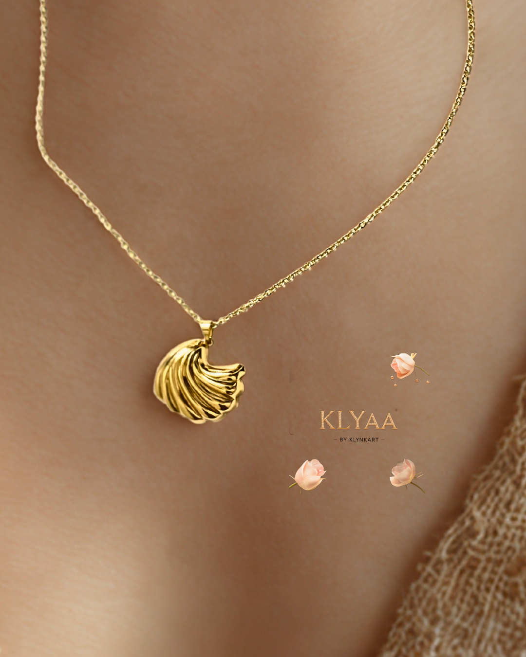KLYAA Golden Bloom Pendant Set with Fan Shell Inspired Pendant and Earrings in Anti-Tarnish Gold Finish