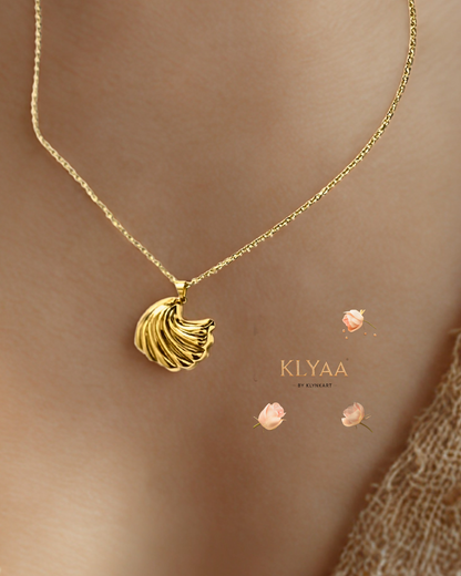 KLYAA Golden Bloom Pendant Set with Fan Shell Inspired Pendant and Earrings in Anti-Tarnish Gold Finish