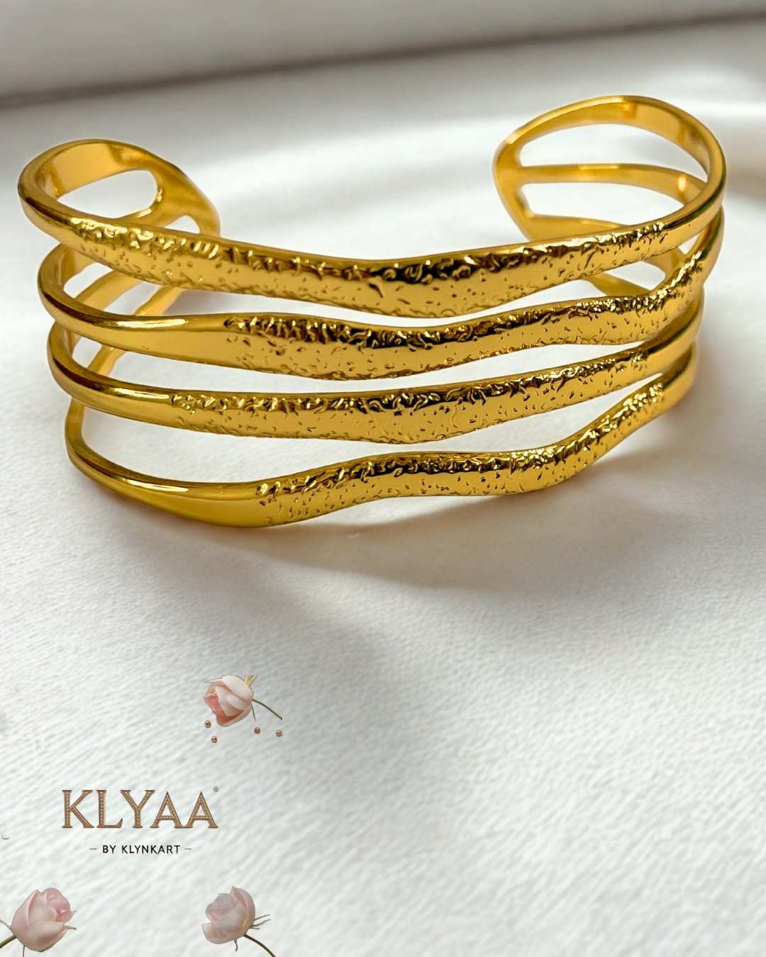 Golden Ripple Adjustable Cuff Bracelet – 18K Gold Plated Anti-Tarnish Wave Design Statement Jewellery by KLYAA