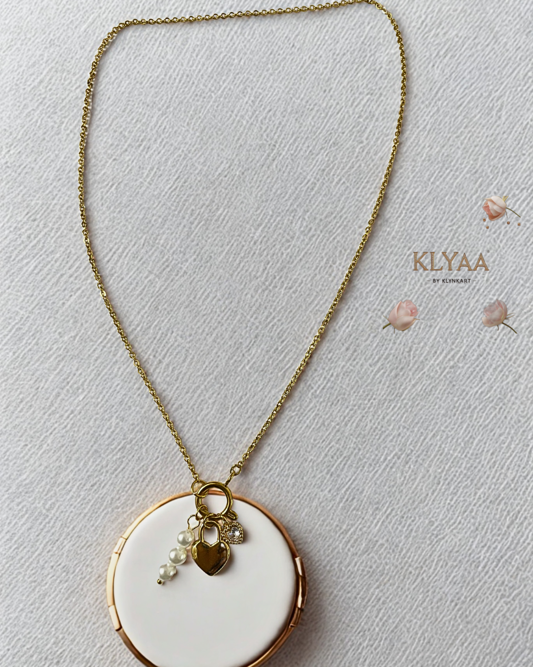 Golden Trinity Pearl Heart Chain fully assembled with all three charms – elegant, romantic necklace from KLYAA