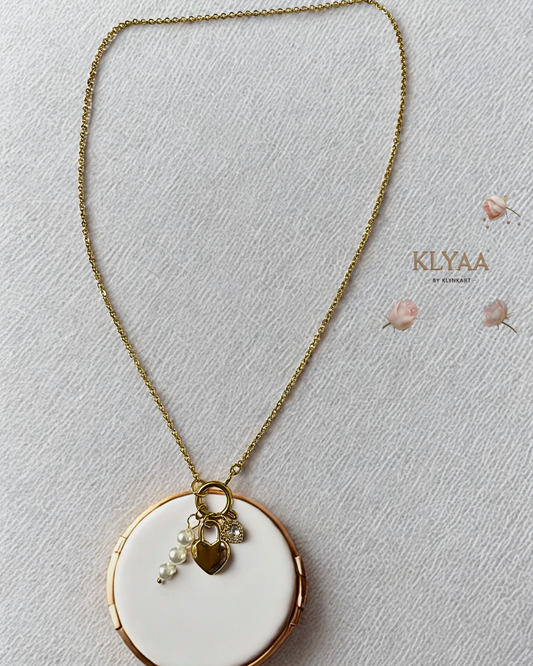 Golden Trinity Pearl Heart Chain fully assembled with all three charms – elegant, romantic necklace from KLYAA