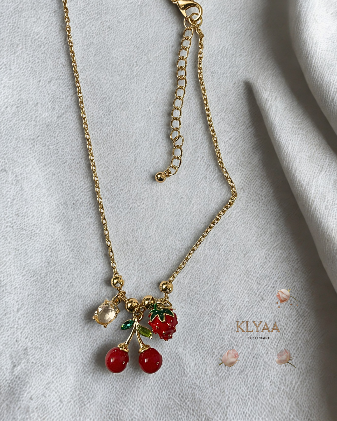 red cherry blossom anti-tarnish cahin jewelry, gold plated chain by KLYA