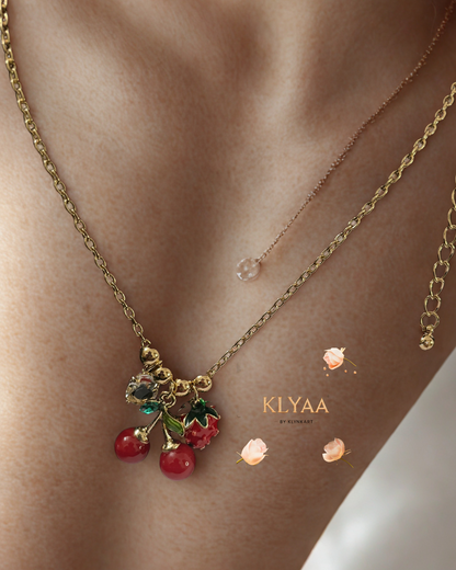 red cherry blossom anti-tarnish cahin jewelry, gold plated chain by KLYA