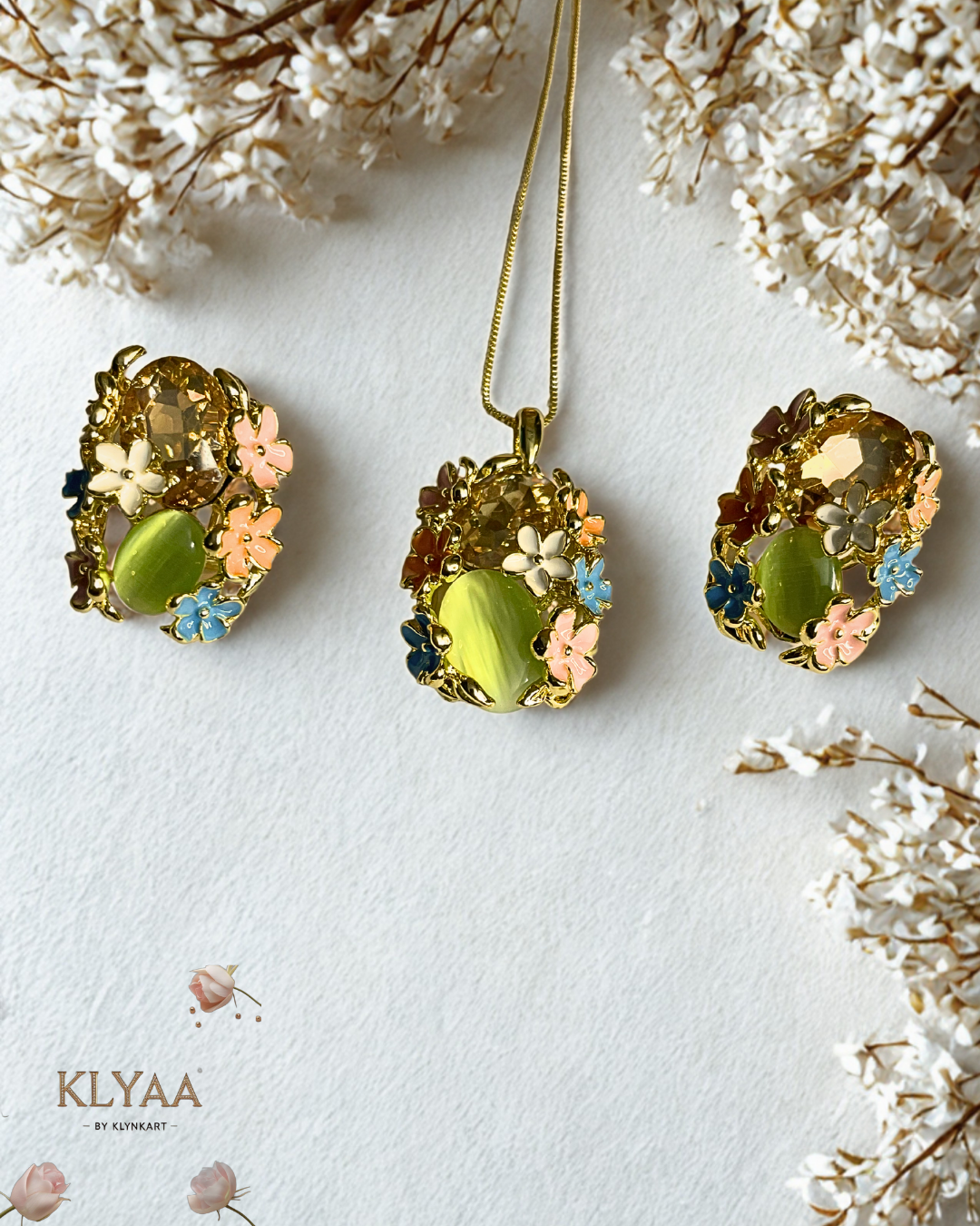 Meadow Muse pendant set with pastel floral crystals and mint green gemstone on anti-tarnish 18K gold dual-tone chain by KLYAA Signature Collection