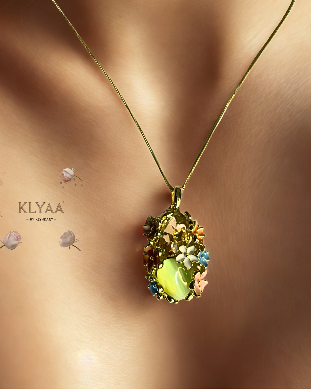 Meadow Muse pendant set with pastel floral crystals and mint green gemstone on anti-tarnish 18K gold dual-tone chain by KLYAA Signature Collection