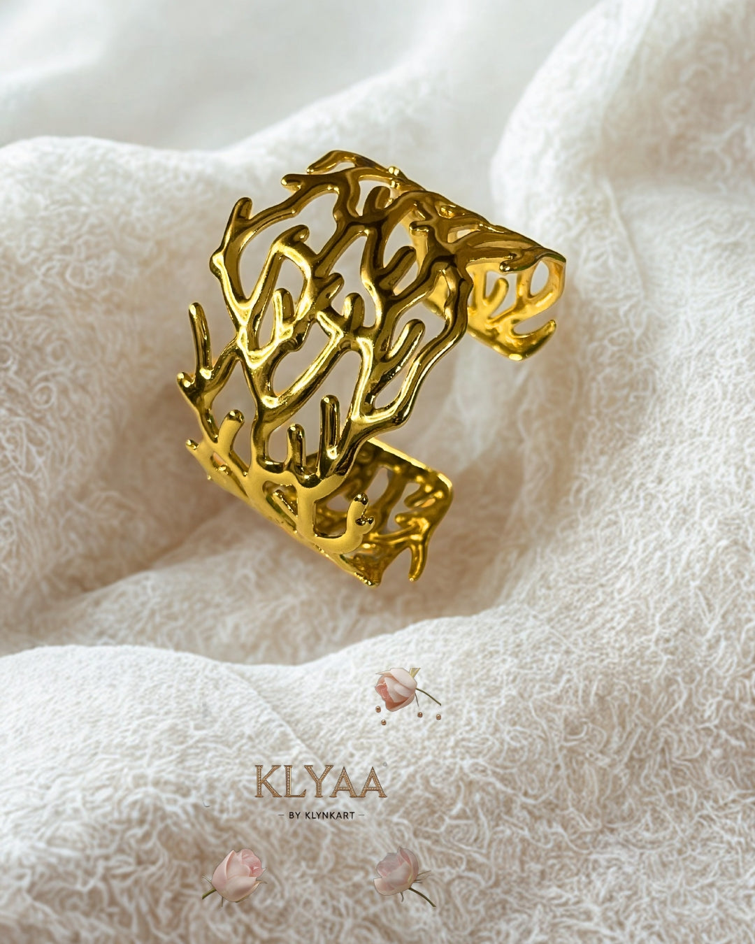 Bold sculpted gold plated adjustable kada with openwork molten design – anti-tarnish statement bracelet by KLYAA