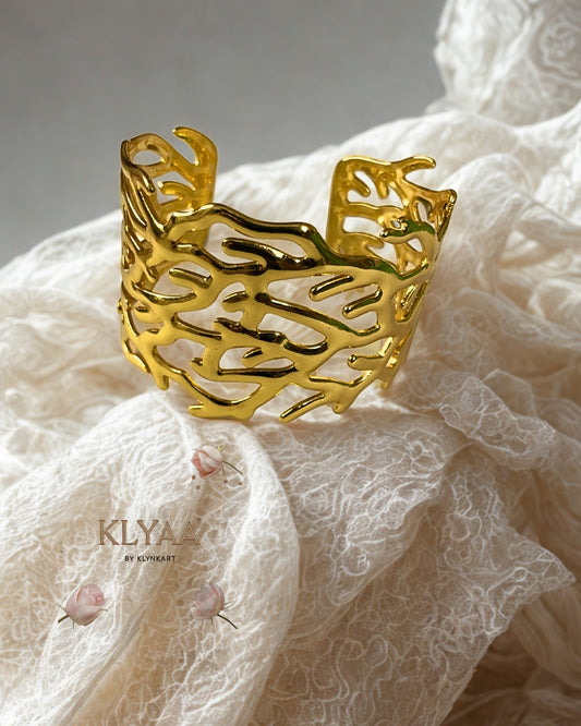 Bold sculpted gold plated adjustable kada with openwork molten design – anti-tarnish statement bracelet by KLYAA