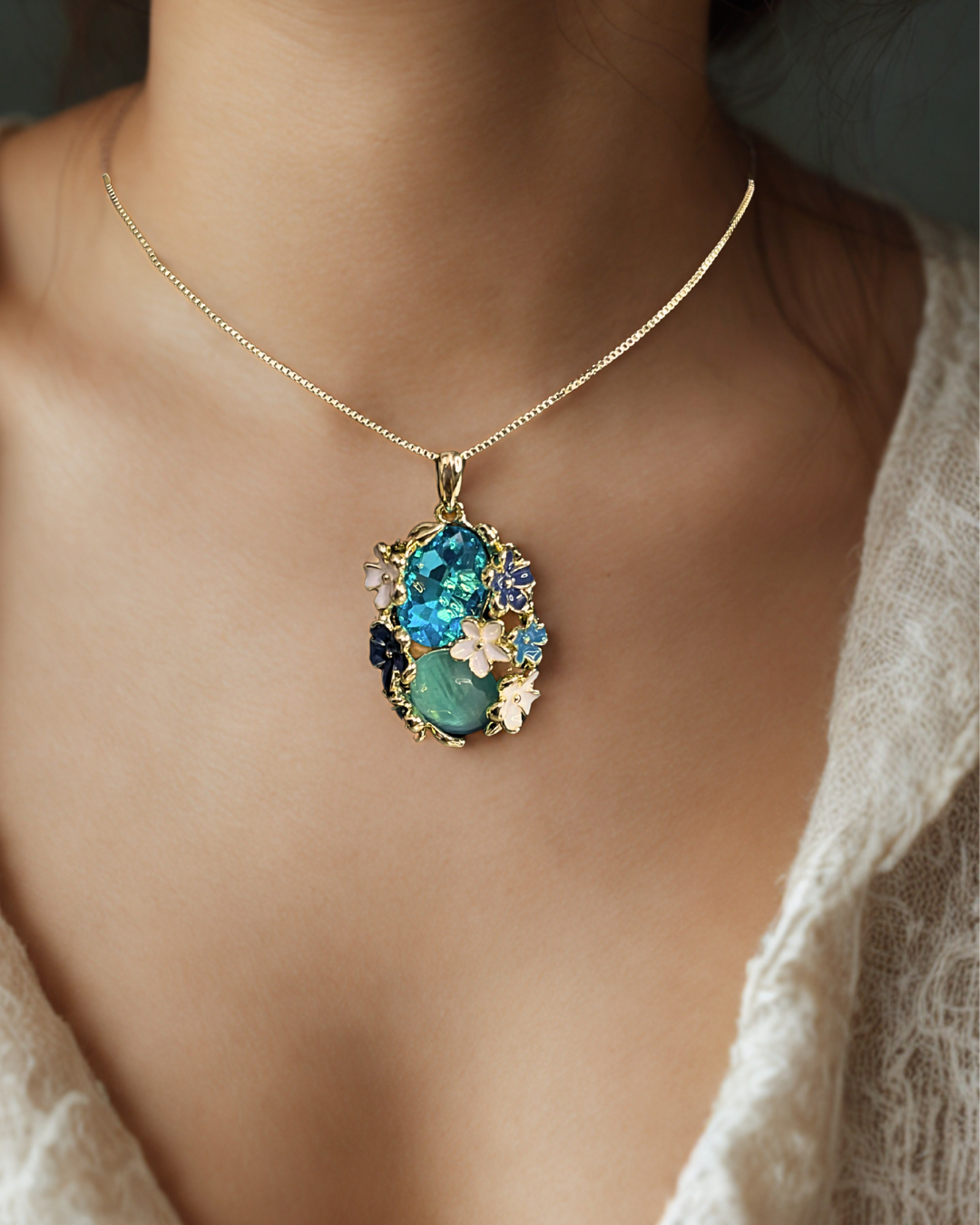 Ocean Empress 18K gold plated crystal floral pendant with dual-tone chain – anti-tarnish finish by KLYAA