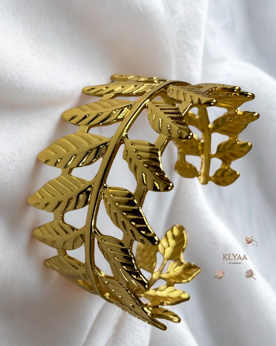 Gold plated adjustable leaf design kada – anti-tarnish nature-inspired bracelet by KLYAA