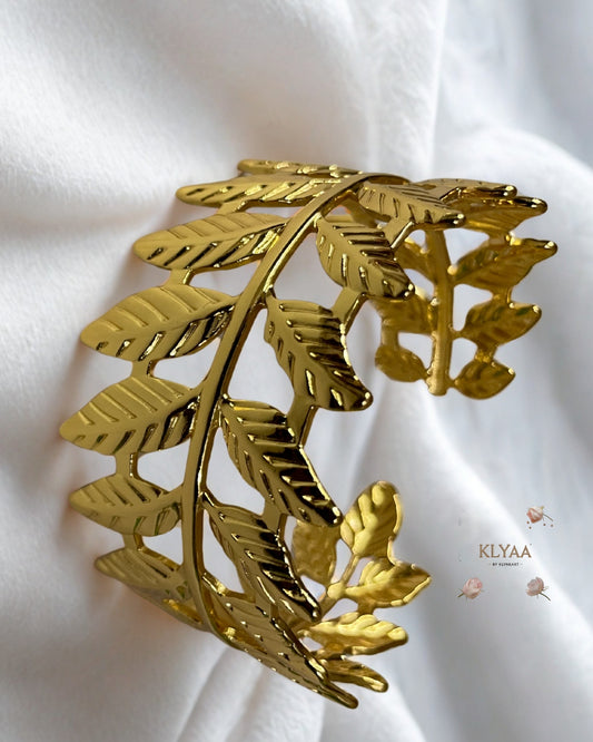 Gold plated adjustable leaf design kada – anti-tarnish nature-inspired bracelet by KLYAA