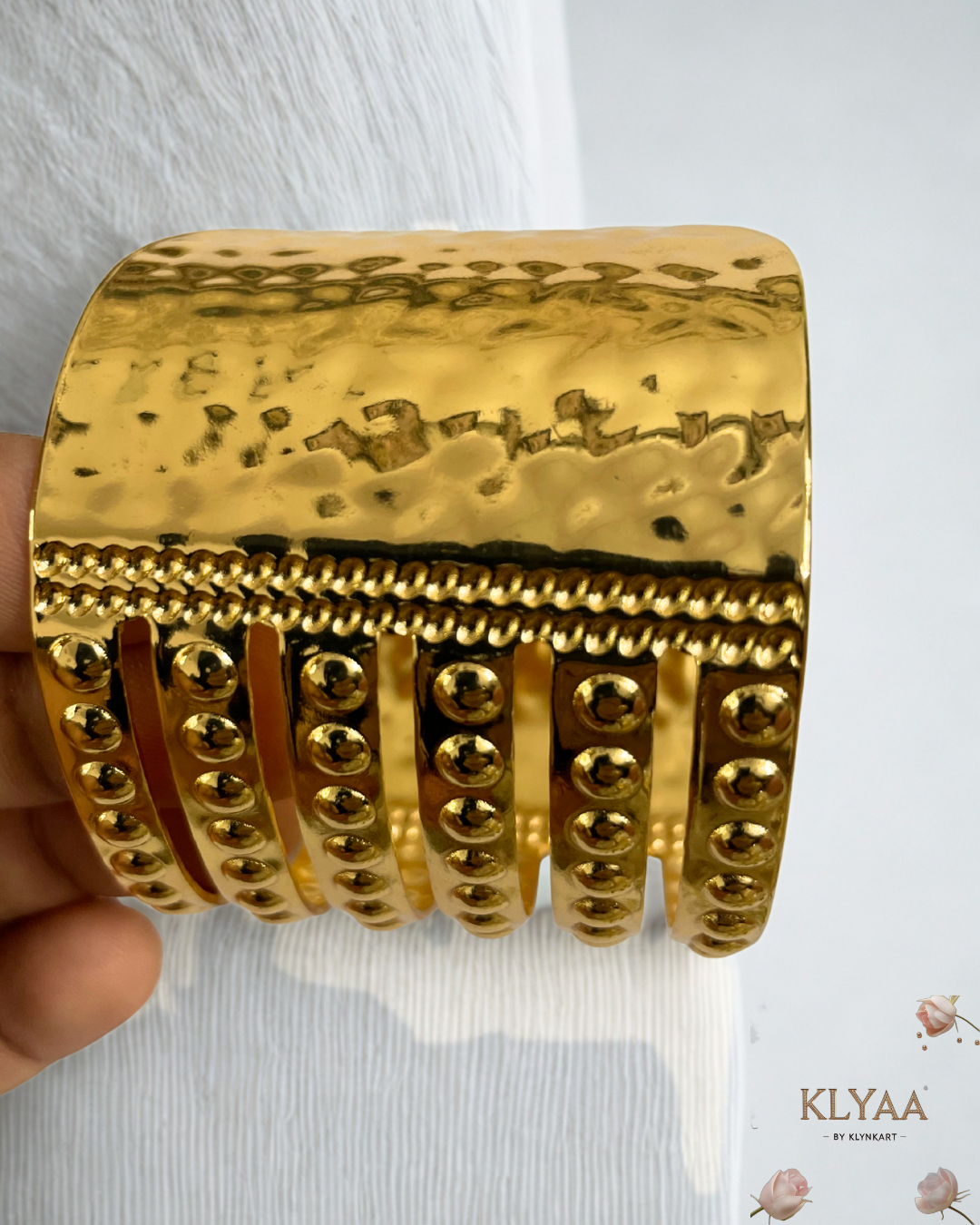 Regalia Bead Embossed Cuff – 18K Gold Plated Anti-Tarnish Wide Statement Bracelet by KLYAA