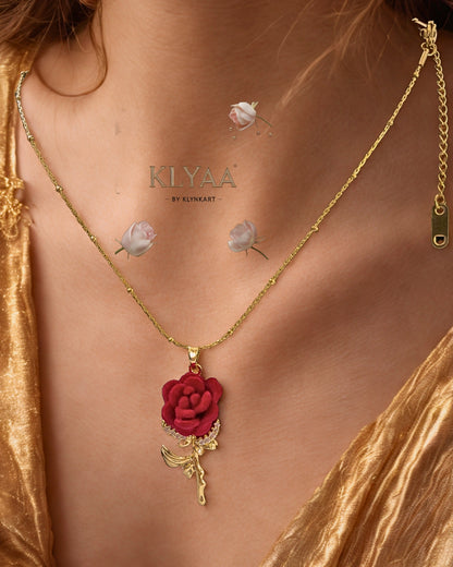 Gold necklace with red velvet rose pendant by KLYAA worn by model