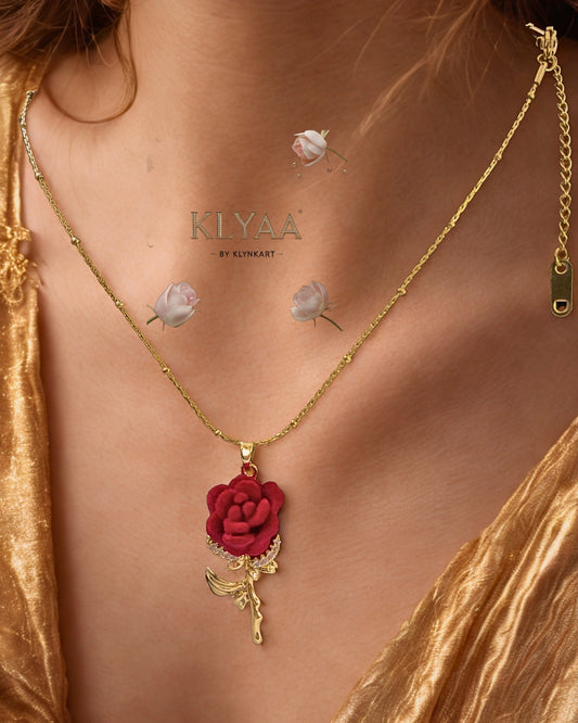 Gold necklace with red velvet rose pendant by KLYAA worn by model