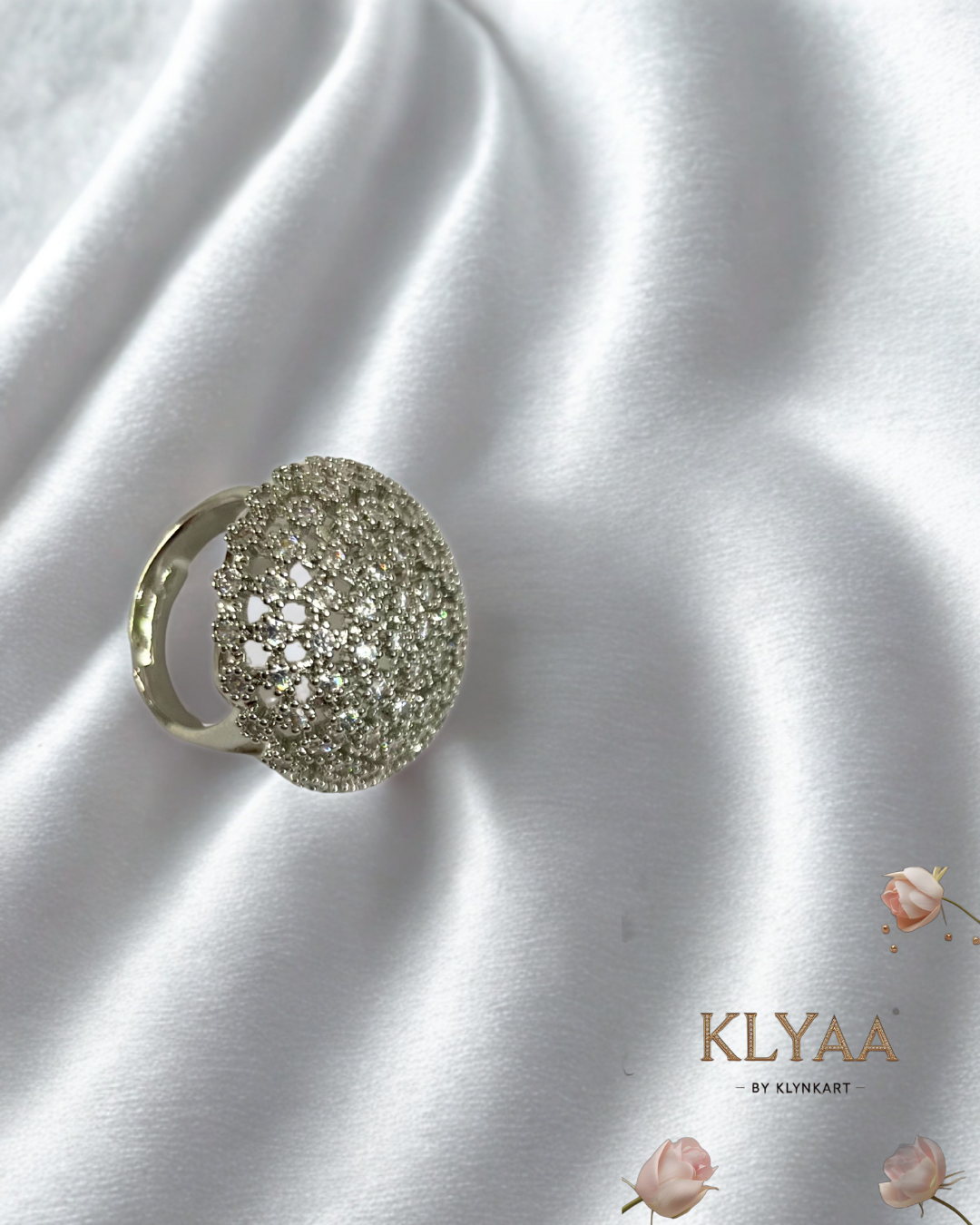 Silver finish dome-shaped statement ring with sparkling AD stones by KLYAA