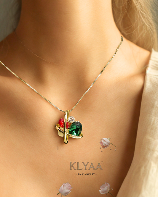 Stellar Orbit red-green crystal pendant set with dual-tone chain, 18K gold-plated & anti-tarnish finish – KLYAA Signature Collection