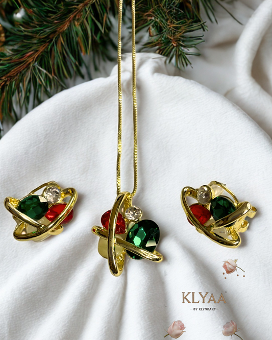 Stellar Orbit red-green crystal pendant set with dual-tone chain, 18K gold-plated & anti-tarnish finish – KLYAA Signature Collection