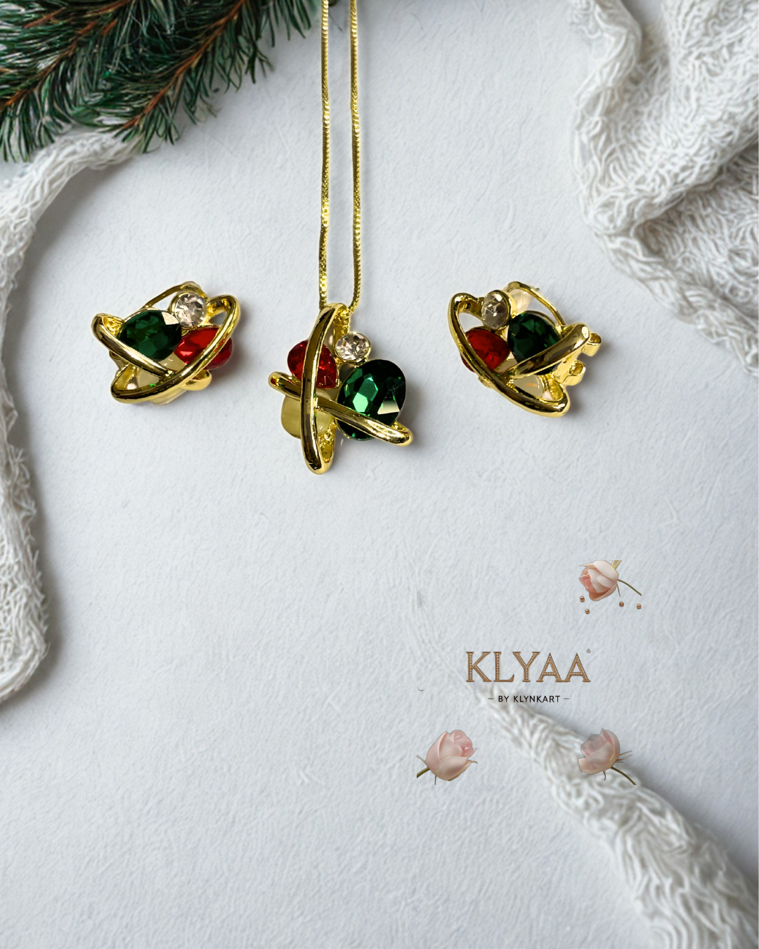 Stellar Orbit red-green crystal pendant set with dual-tone chain, 18K gold-plated & anti-tarnish finish – KLYAA Signature Collection