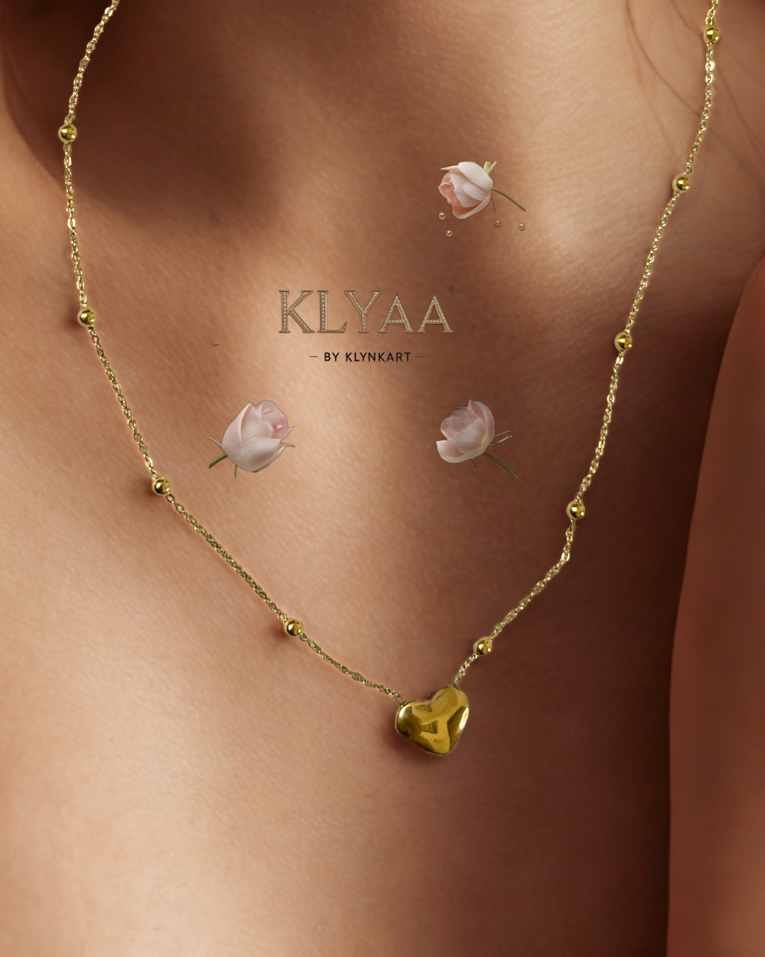 Model wearing KLYAA's Gilded Heart gold chain with molten heart pendant