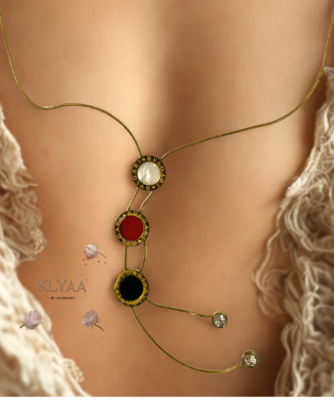 Luxury tri-color enamel chain with crystal danglers by KLYAA – premium gold-finish jewellery