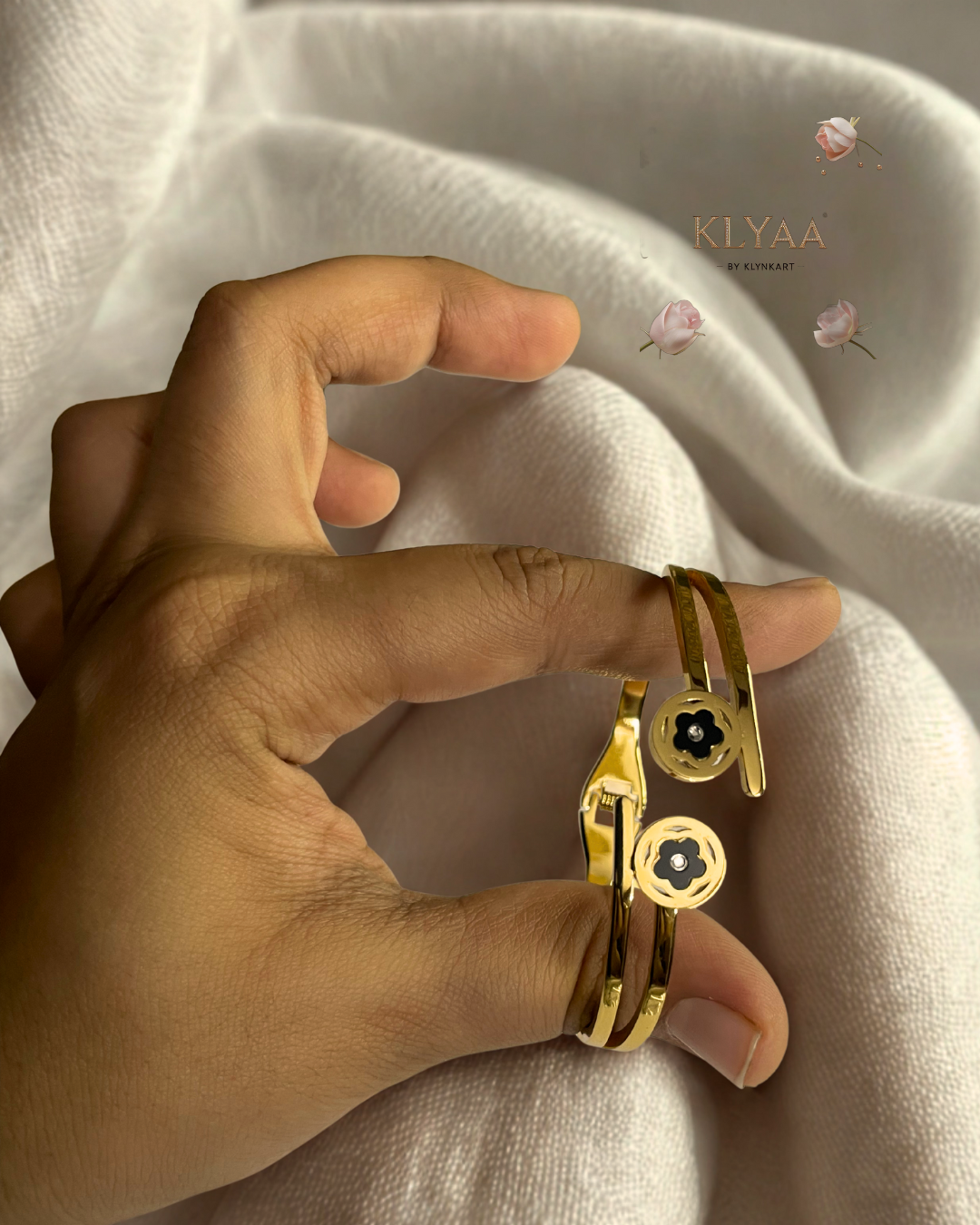 KLYAA 18K Gold Plated Anti-Tarnish Twin Floral Coin Bangle Bracelet