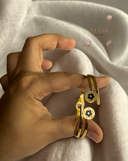 KLYAA 18K Gold Plated Anti-Tarnish Twin Floral Coin Bangle Bracelet