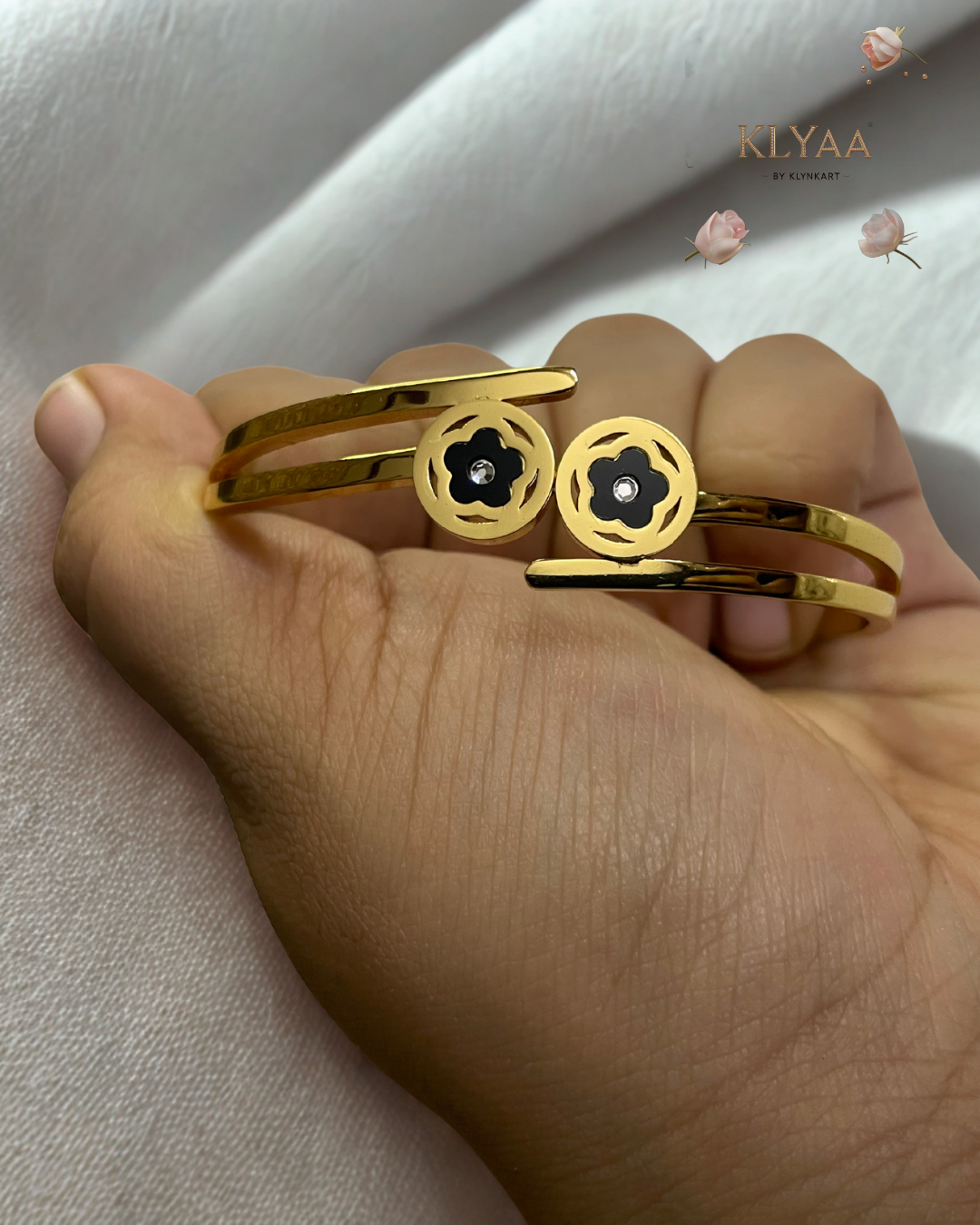 KLYAA 18K Gold Plated Anti-Tarnish Twin Floral Coin Bangle Bracelet