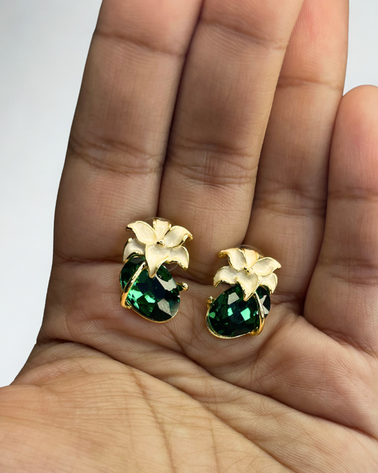 Signature emerald green crystal pendant with gold floral top on dual-tone chain – anti-tarnish premium jewellery by KLYAA