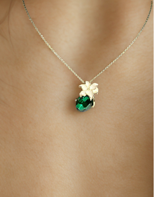 Signature emerald green crystal pendant with gold floral top on dual-tone chain – anti-tarnish premium jewellery by KLYAA