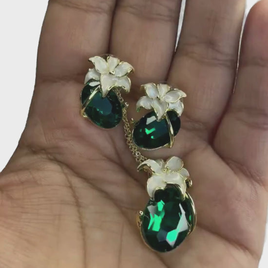 Signature emerald green crystal pendant with gold floral top on dual-tone chain – anti-tarnish premium jewellery by KLYAA