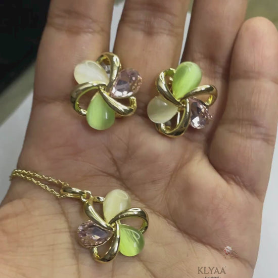 Celestia Bloom 18K gold-plated anti-tarnish floral crystal pendant set with dual-tone chain – KLYAA Signature Collection.