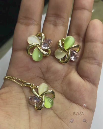 Celestia Bloom 18K gold-plated anti-tarnish floral crystal pendant set with dual-tone chain – KLYAA Signature Collection.